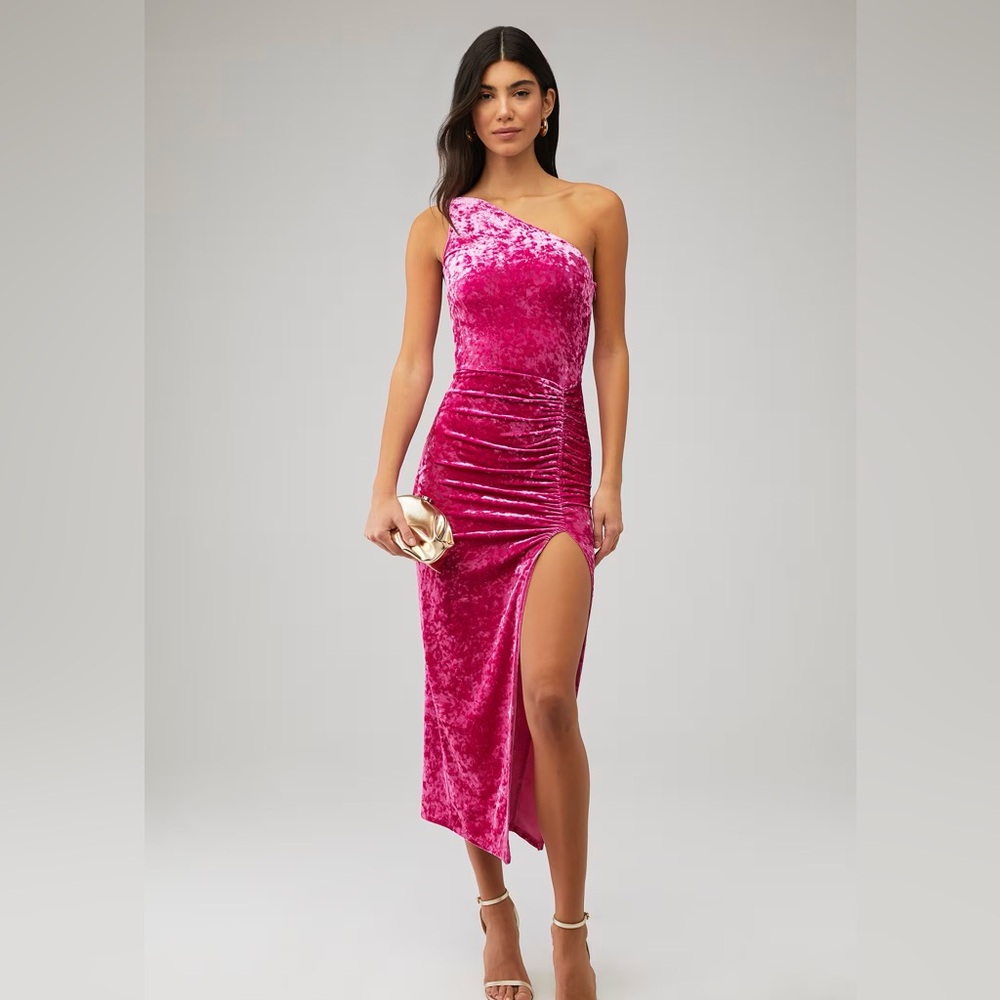 NWT Revolve Saylor Niama Crushed Velvet Pink One Shoulder Midi Dress Size S